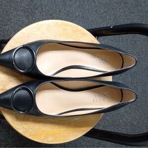 Franco Sarto Black Leather Pointed-Toe Flats with Round Accent